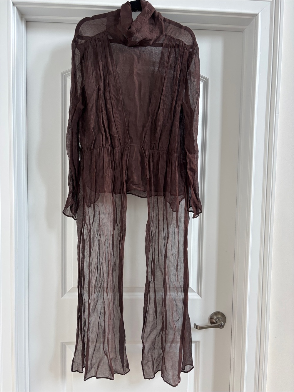 Zara Sheer Crinkled High-Neck Blouse in Dark Brown
